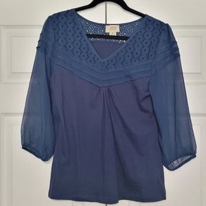 Blue blouse with sheer sleeves